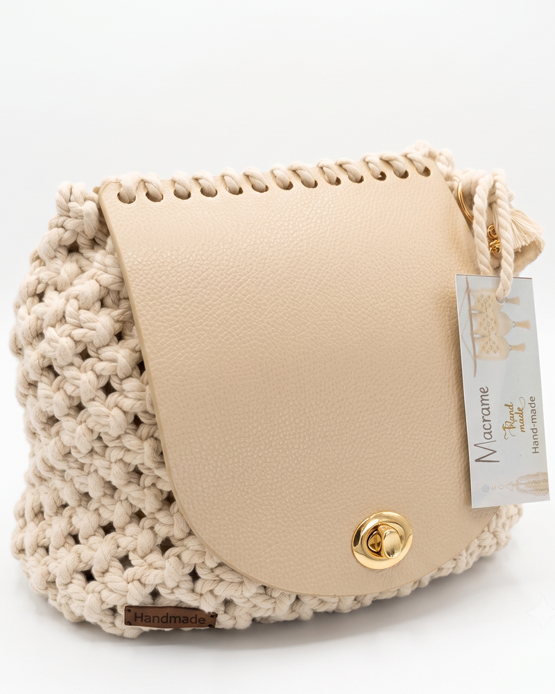 Cream Macramé Saddle Crossbody Flap Bag