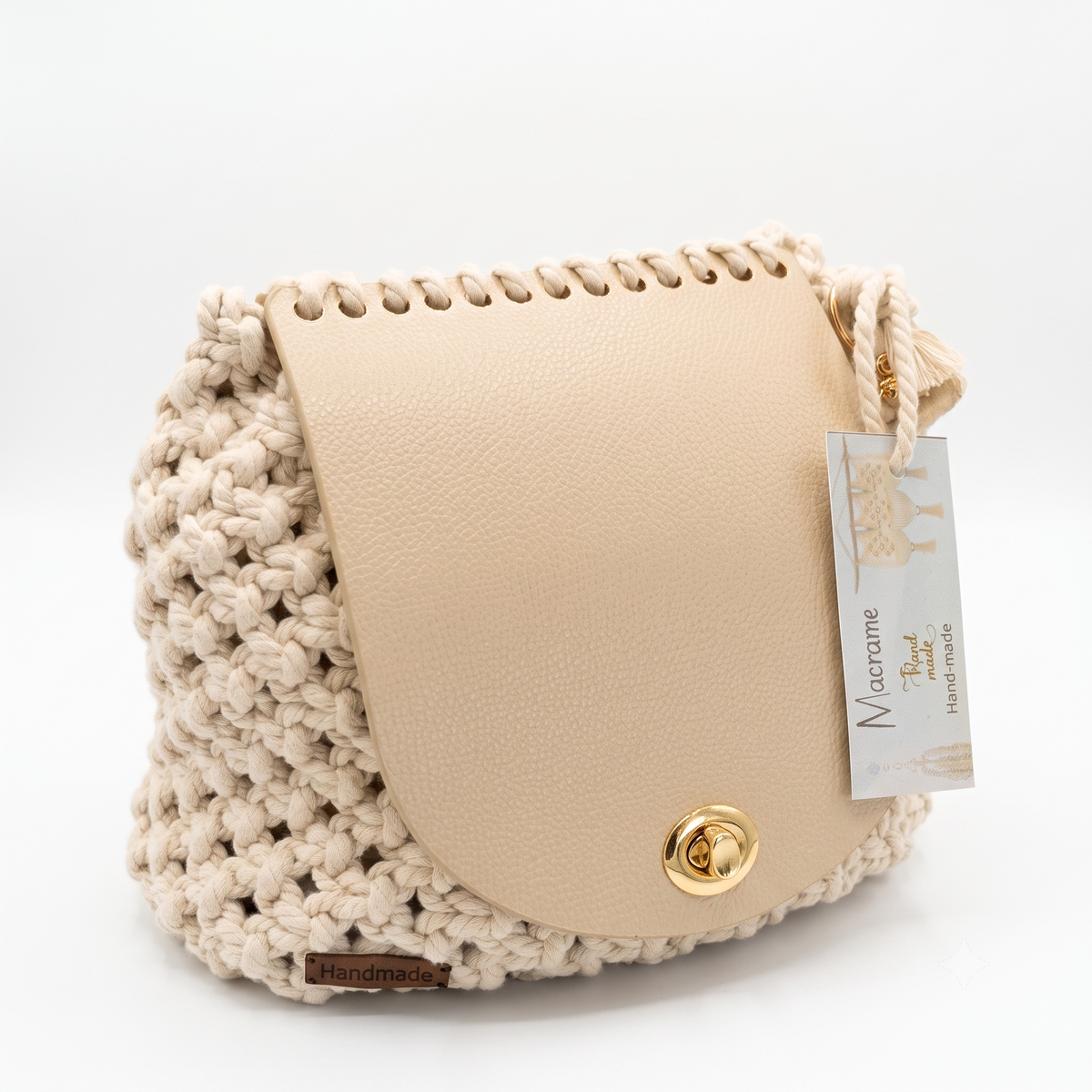 Cream Macramé Saddle Crossbody Flap Bag