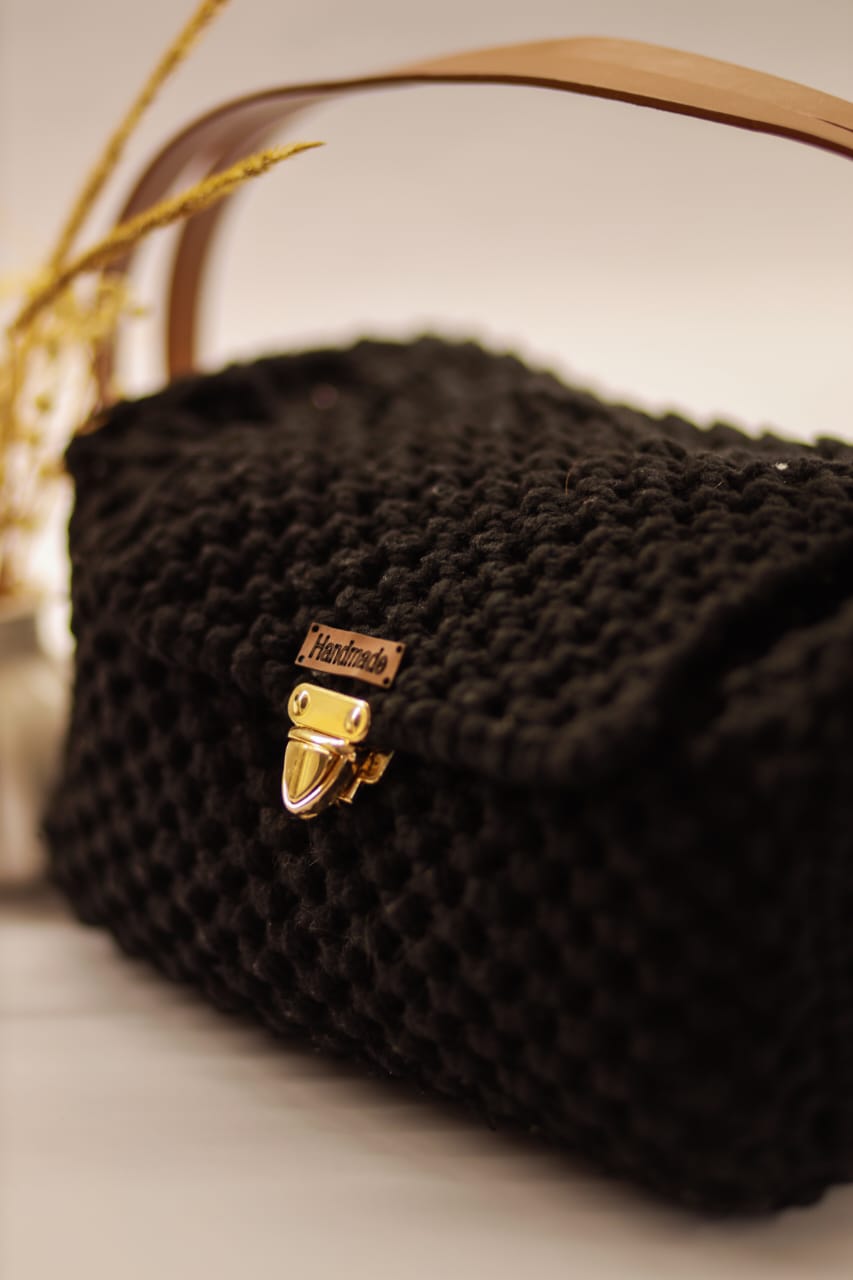 Dark Brown Macramé Clutch with Gold Clasp