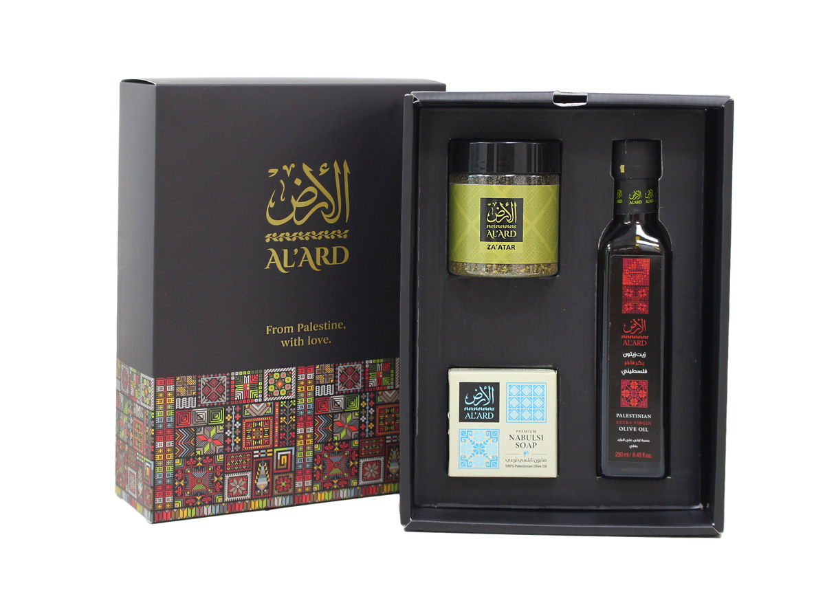 Al'Ard Gift - Extra Virgin Olive Oil - 250ml + Premium Za'atar 150g + Nabulsi Soap 150g