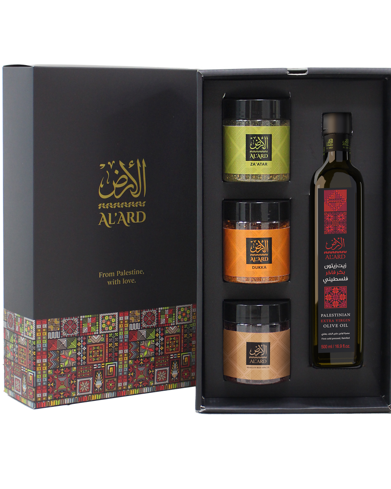 Al'Ard Gift - Extra Virgin Olive Oil - 500ml + Premium Za'atar 150g + Dukkah Blend 150g + Sumac 150g