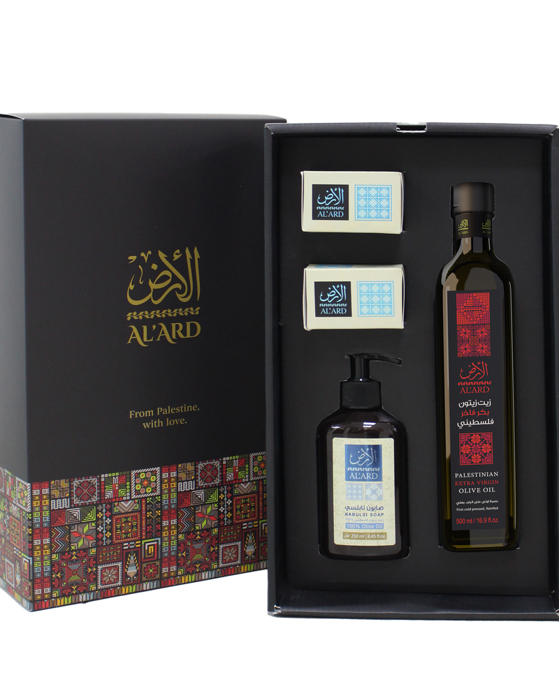 Al'Ard Gift - Extra Virgin Olive Oil - 500ml + Nabulsi Olive Oil Soap bar 150g + Nabulsi Olive Oil Liquid Soap 250ml