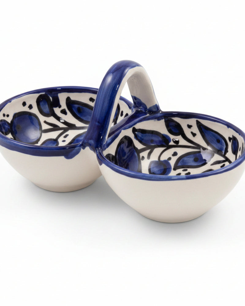 Blue & White Floral Hand-Painted Hebron Ceramic Double Serving Bowl