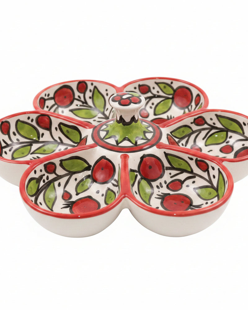 Red & Green Floral Hand-Painted Hebron Ceramic 6-Section Serving Dish