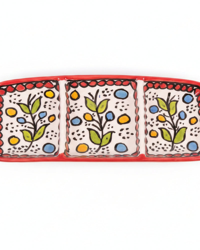 Red Floral Sprig Hand-Painted Hebron Ceramic 3-Section Serving Tray