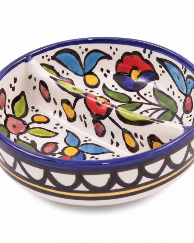 Multicolour Floral Hand-Painted Hebron Ceramic Divided Dip Bowl