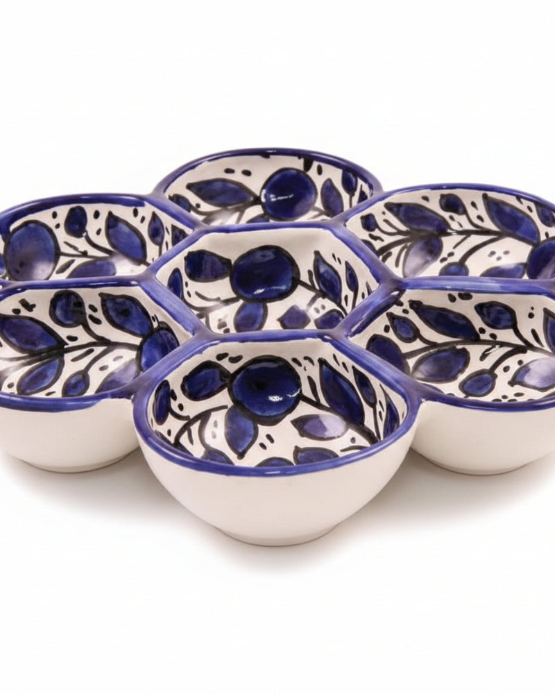 Blue & White Floral Vine Hand-Painted Hebron Ceramic 7-Section Dish