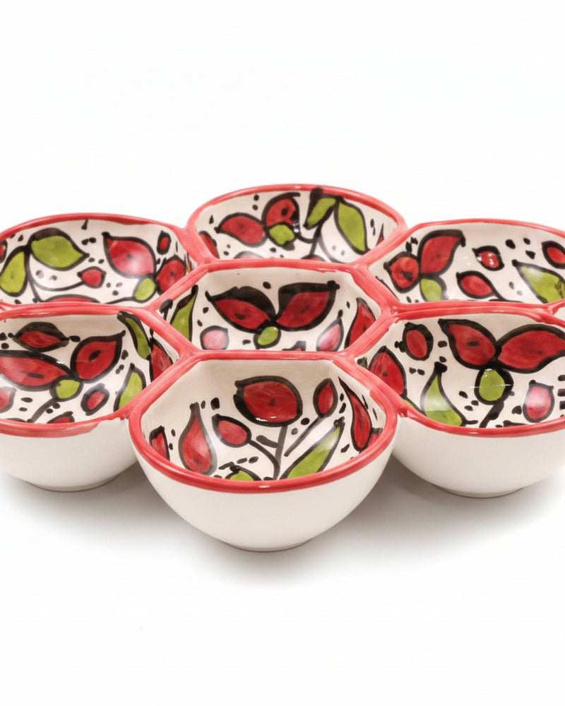 Red Beaded Floral Hand-Painted Hebron Ceramic 7-Section Serving Dish