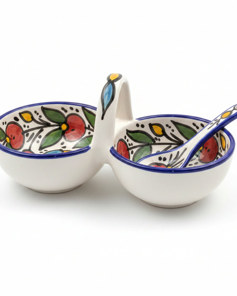 Multicolour Floral Hand-Painted Hebron Ceramic Double Bowl & Spoon Set