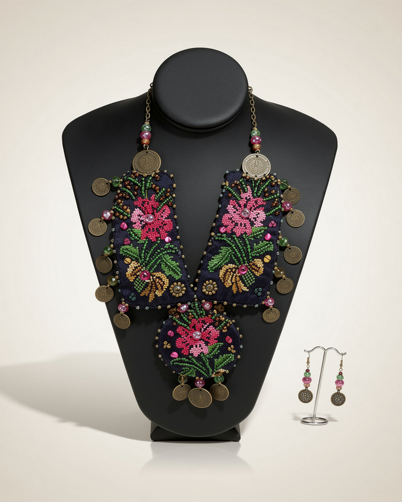 Pink Floral Double Panel Bib Necklace and Earrings Set
