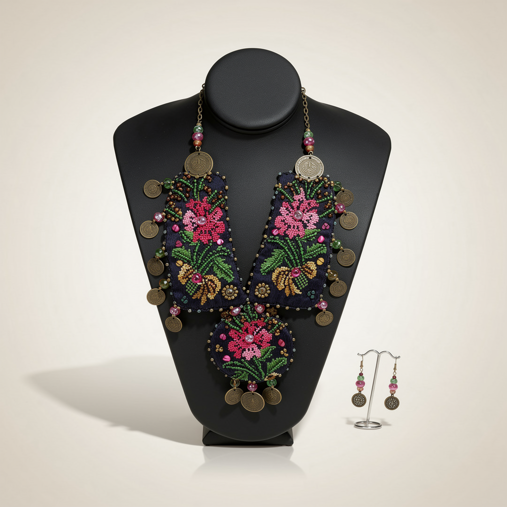 Pink Floral Double Panel Bib Necklace and Earrings Set