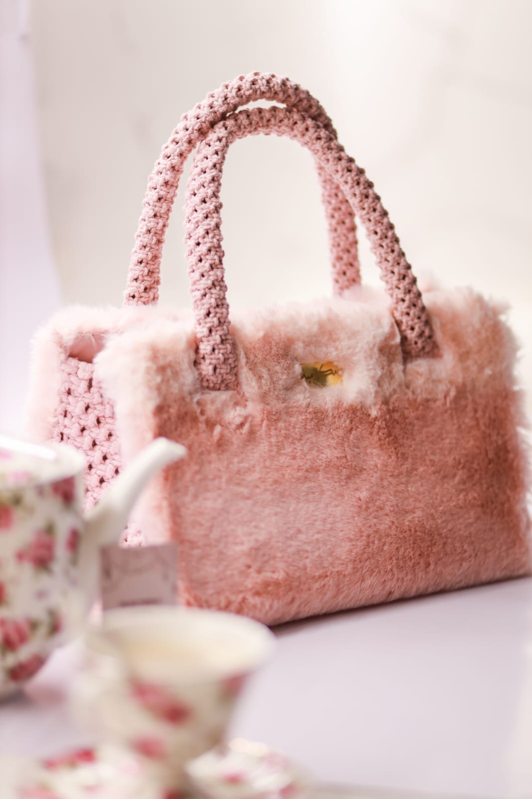 Pink Fuzzy Macramé Handbag