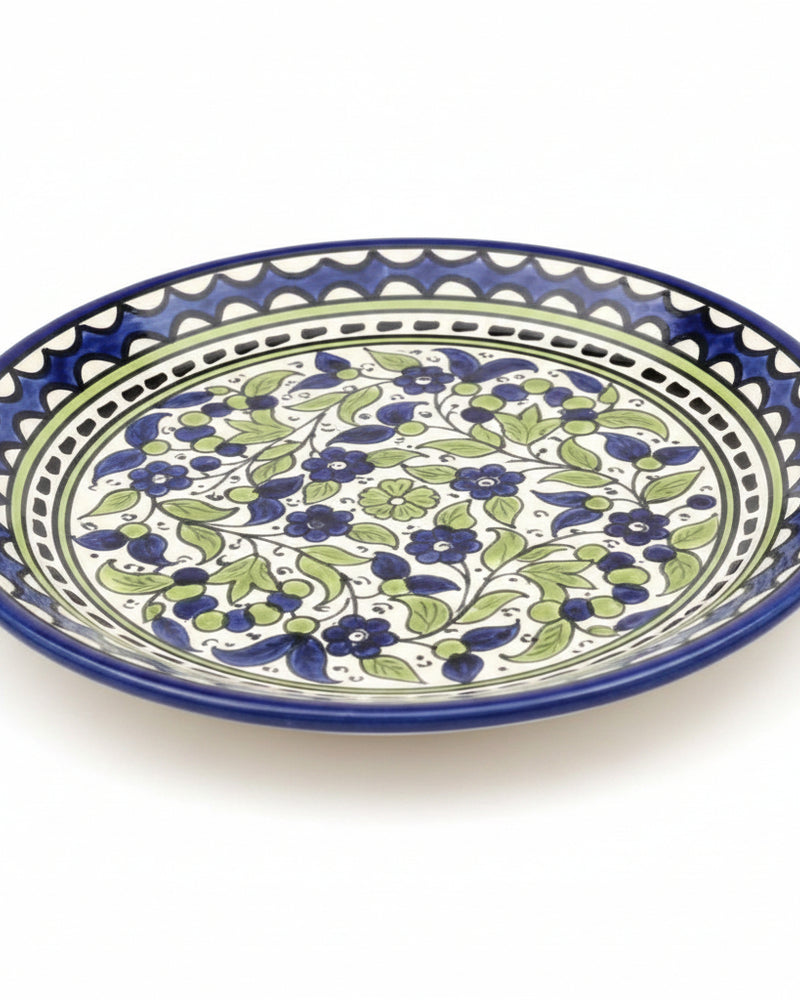 Blue & Green Vine Floral Hand-Painted Hebron Ceramic Serving Plate