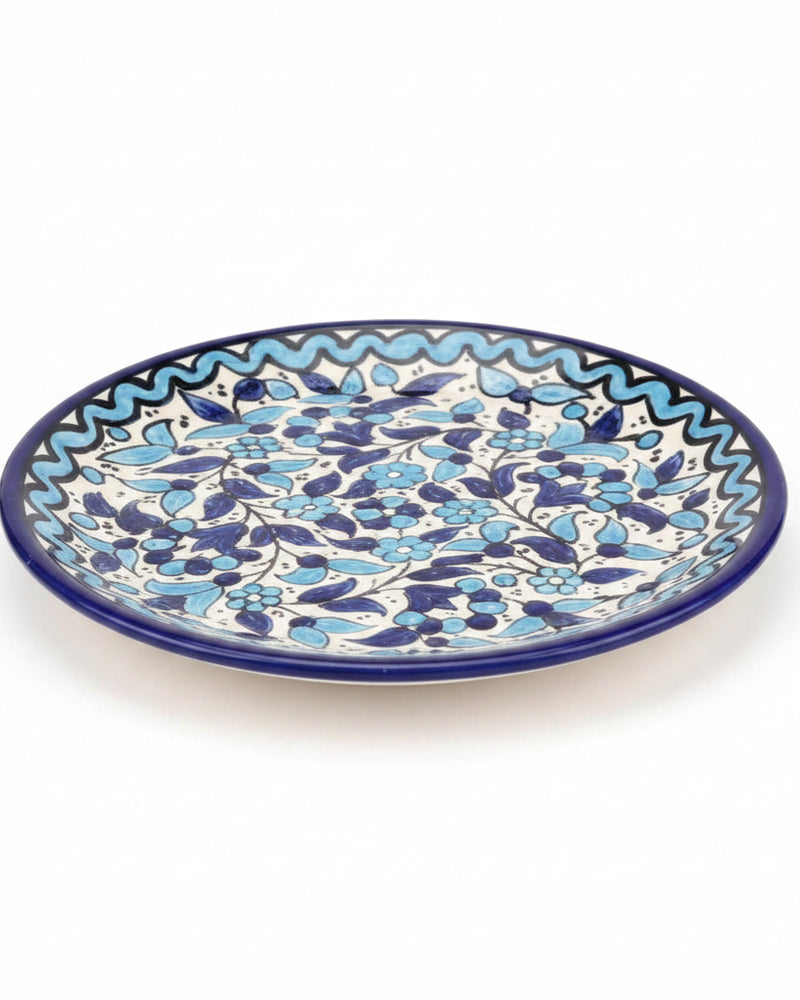 Blue Zigzag Floral Hand-Painted Hebron Ceramic Serving Plate