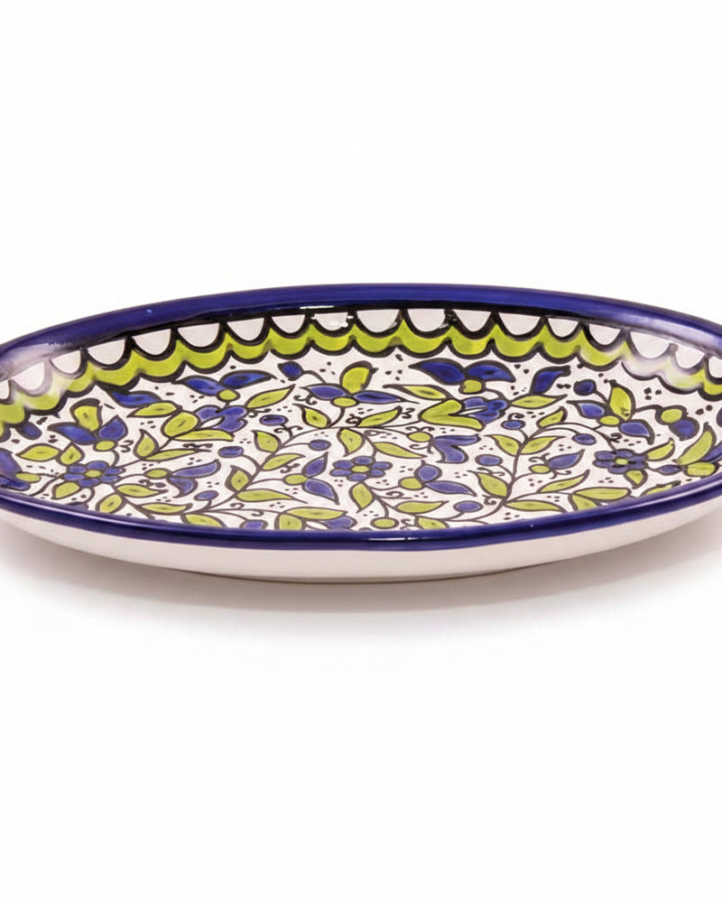 Blue & Green Floral Hand-Painted Hebron Ceramic Serving Plate