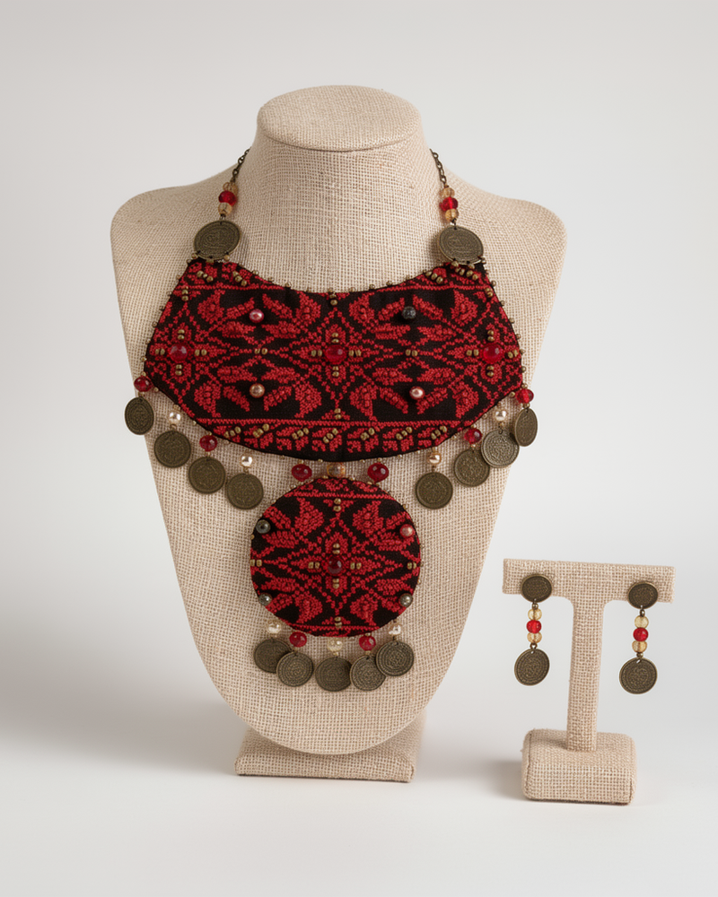 Red Tatreez Bib Necklace and Earrings Set
