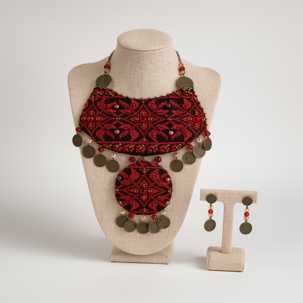 Red Tatreez Bib Necklace and Earrings Set