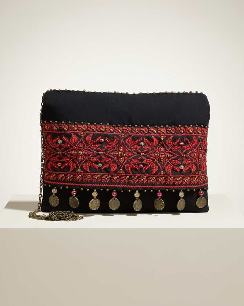 Red Tatreez Embroidered Clutch Bag
