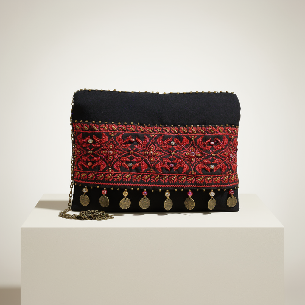 Red Tatreez Embroidered Clutch Bag