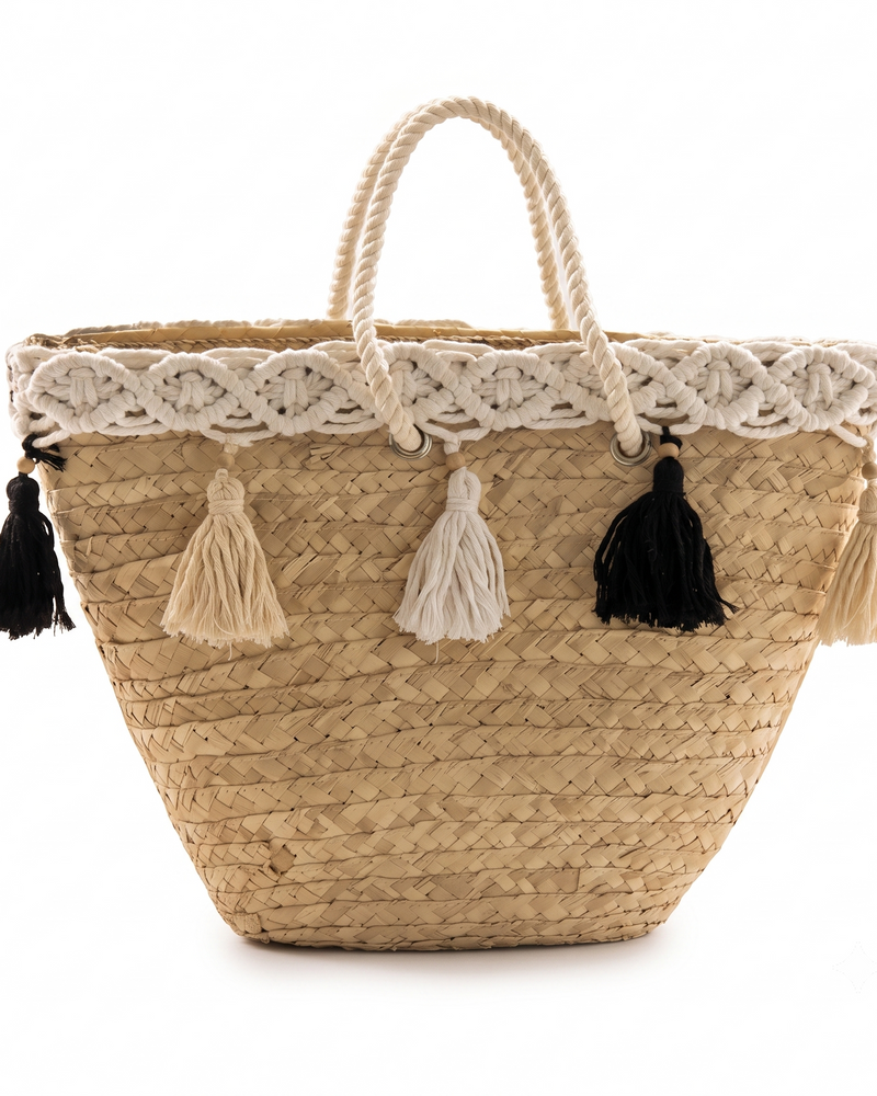 Straw & Palm Basket Bag with Macramé & Tassels