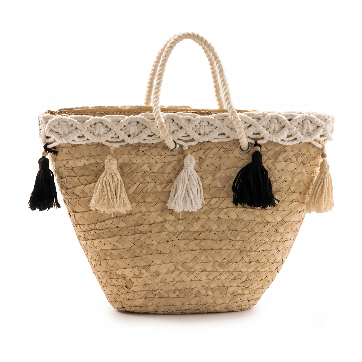 Straw & Palm Basket Bag with Macramé & Tassels