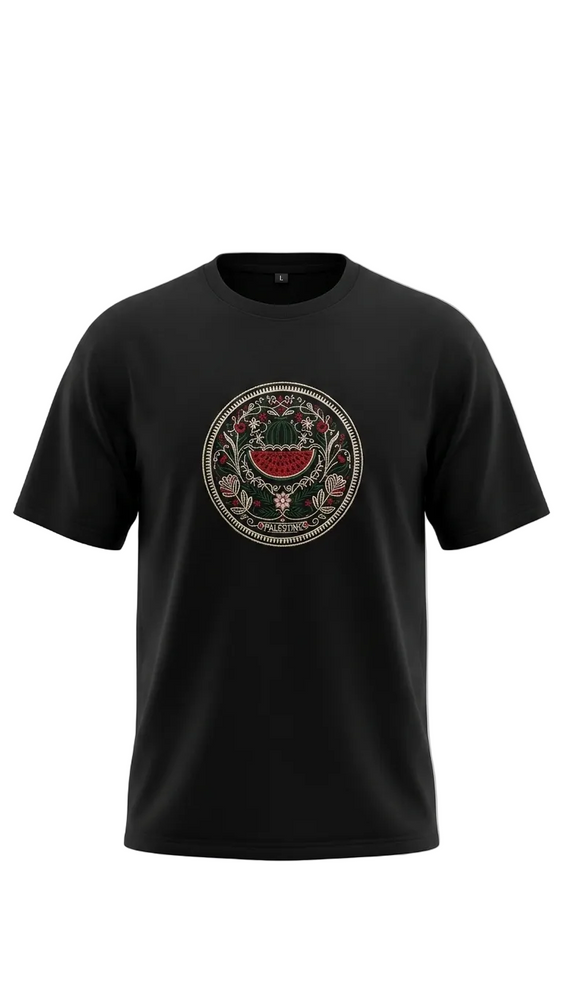 Black Embroidered T-Shirt with Watermelon Floral Crest