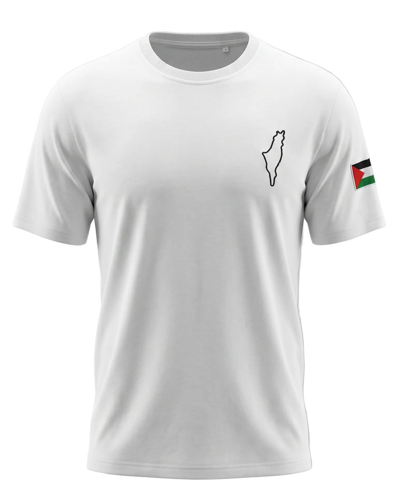 White Embroidered T-Shirt with Palestine Map and Flag