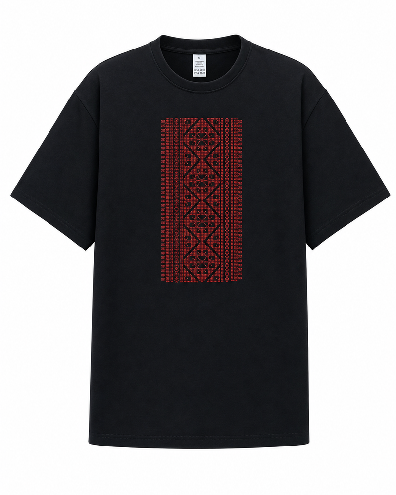 Black Embroidered T-Shirt with Red and Black Tatreez Column