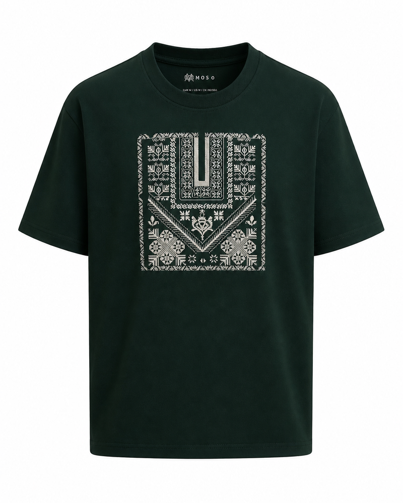 Green Embroidered T-Shirt with Square Tatreez Panel