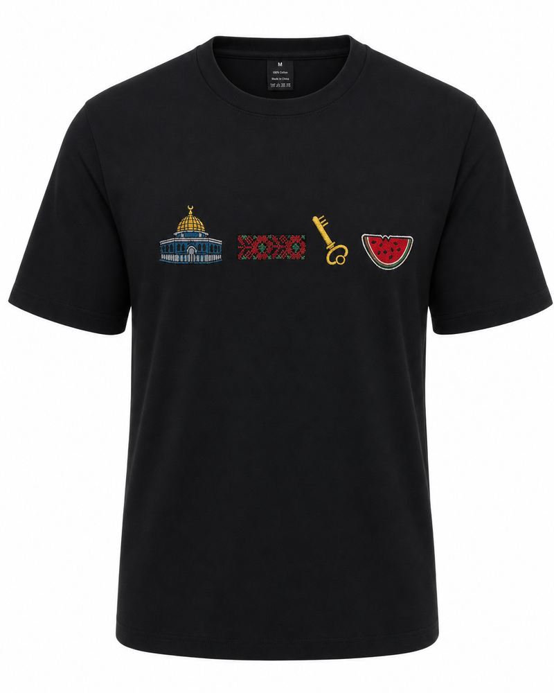 Black Embroidered T-Shirt with Dome, Key and Watermelon Icons