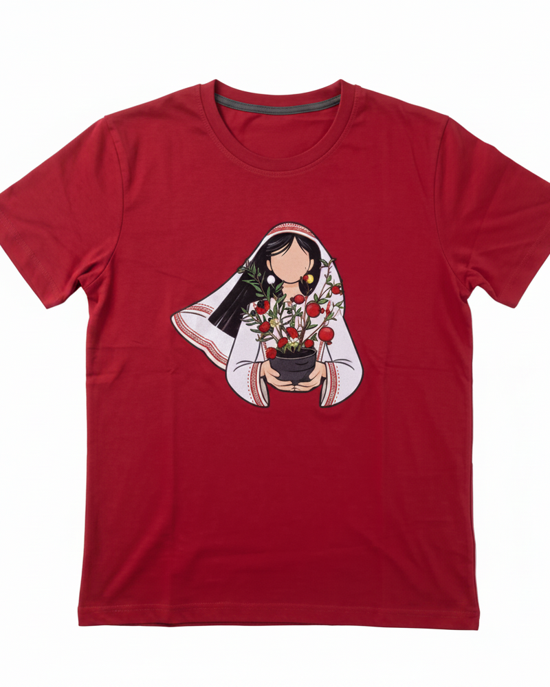 Red Embroidered T-Shirt with Palestinian Woman and Pomegranate Pot