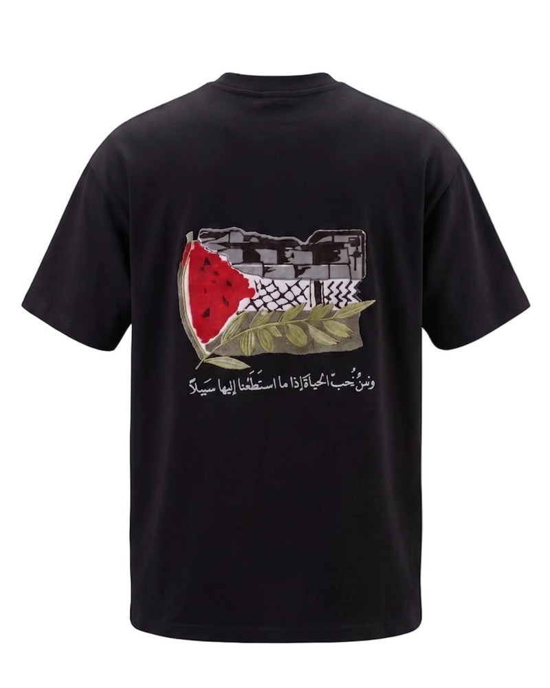 Black Embroidered T-Shirt with Watermelon and Keffiyeh Back Print