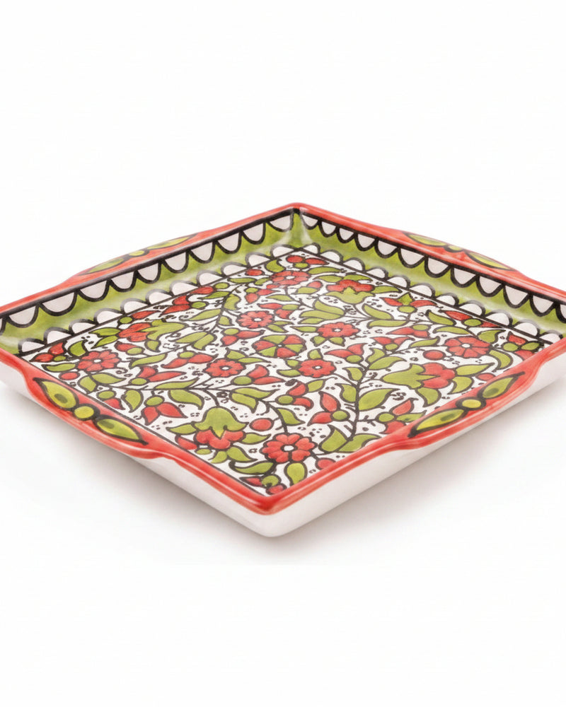 Red & Green Floral Hand-Painted Hebron Ceramic Square Tray