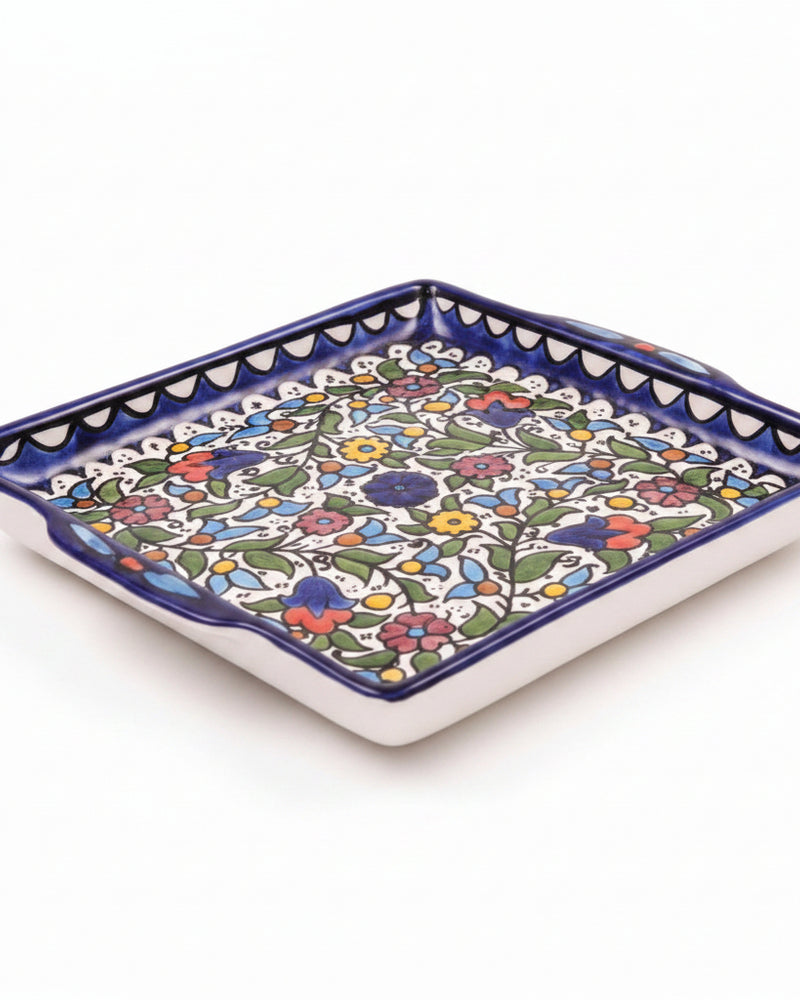 Multicolour Floral Hand-Painted Hebron Ceramic Square Tray
