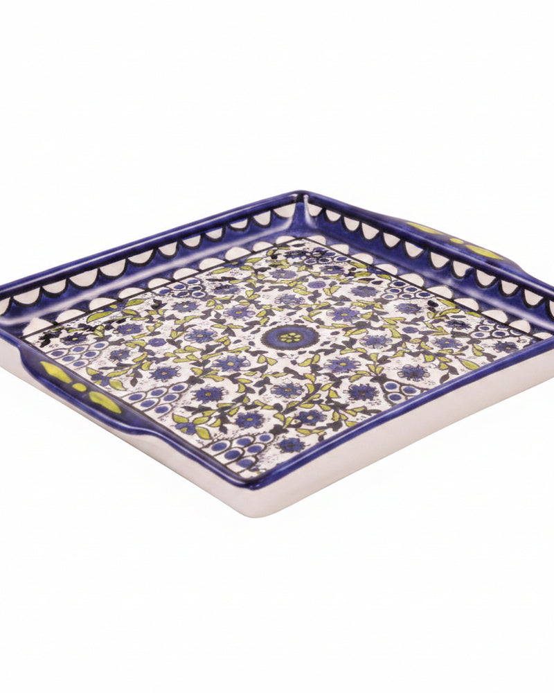 Blue & Green Floral Hand-Painted Hebron Ceramic Square Tray