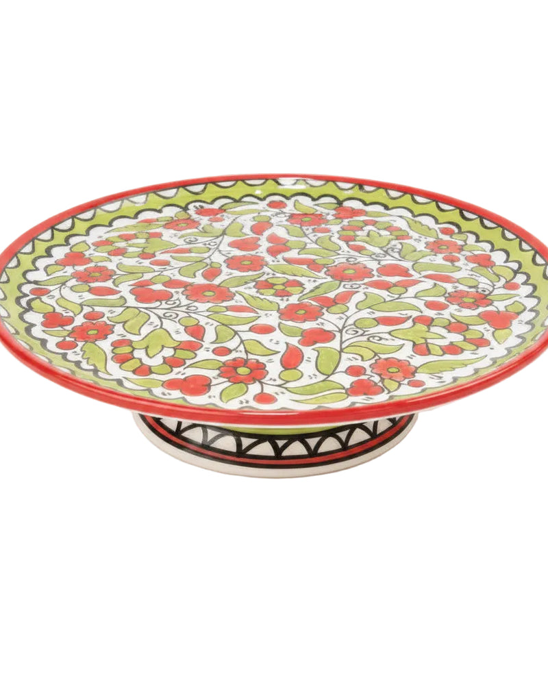 Red & Green Floral Hand-Painted Hebron Ceramic Footed Cake Stand