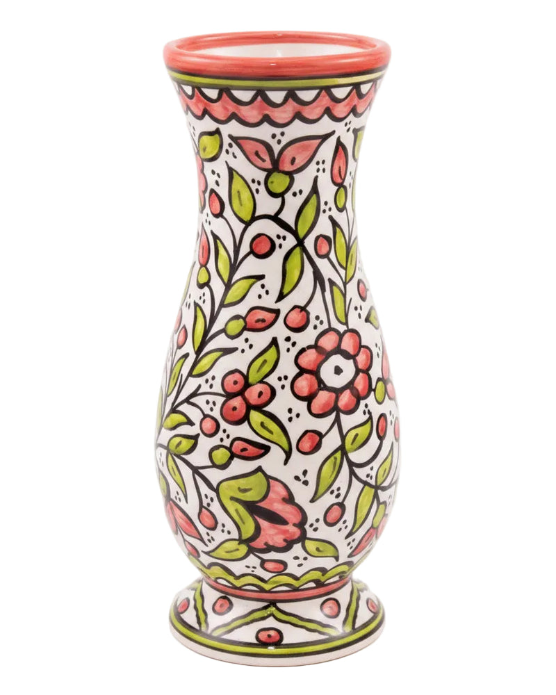 Coral & Green Floral Hand-Painted Hebron Ceramic Footed Vase