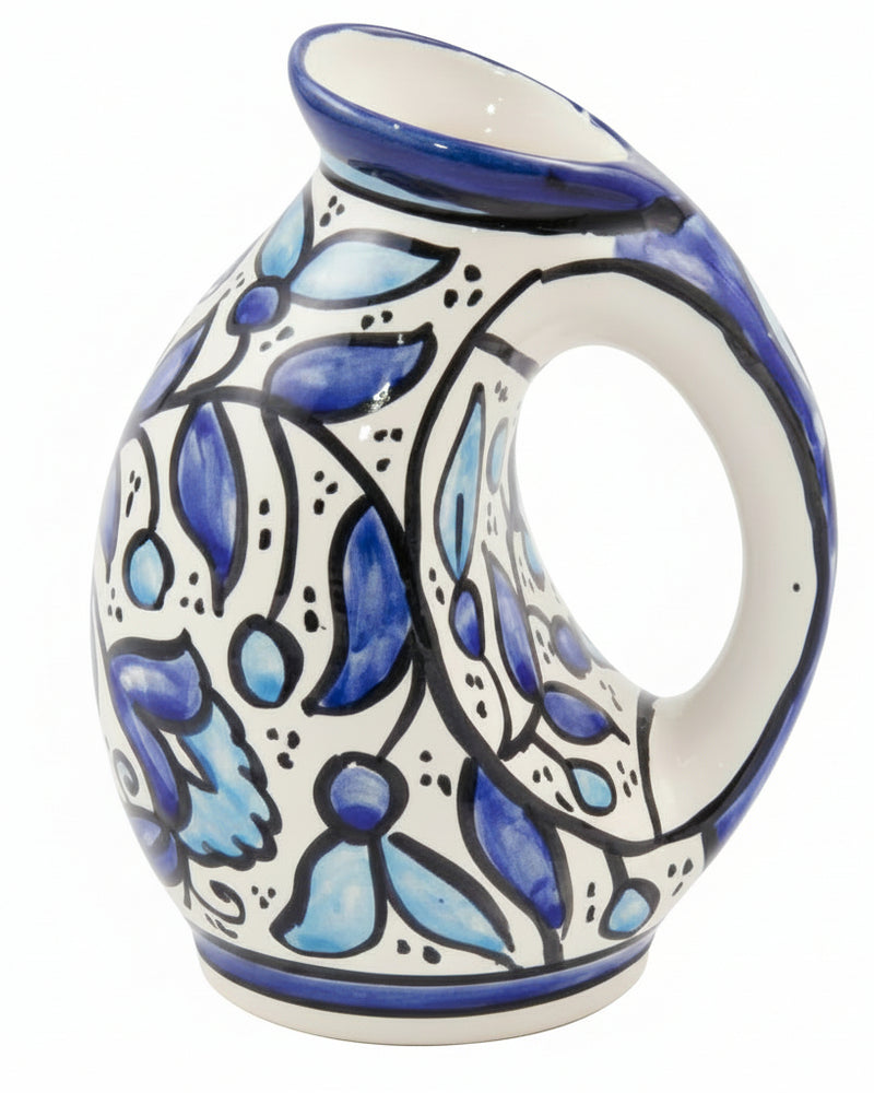 Blue & White Floral Hand-Painted Hebron Ceramic Round Handled Vase