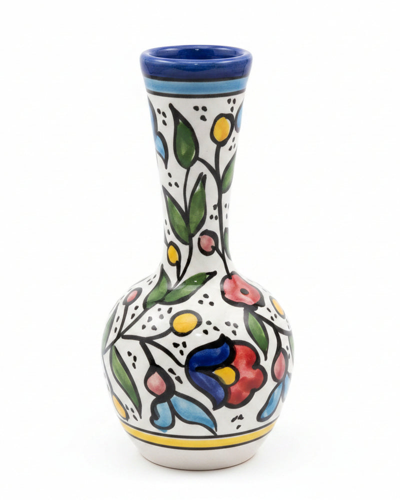 Multicolour Floral-Vine Hand-Painted Hebron Ceramic Long-Neck Vase