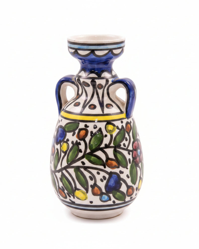 Multicolour Floral-Vine Hand-Painted Hebron Ceramic Two-Handled Vase