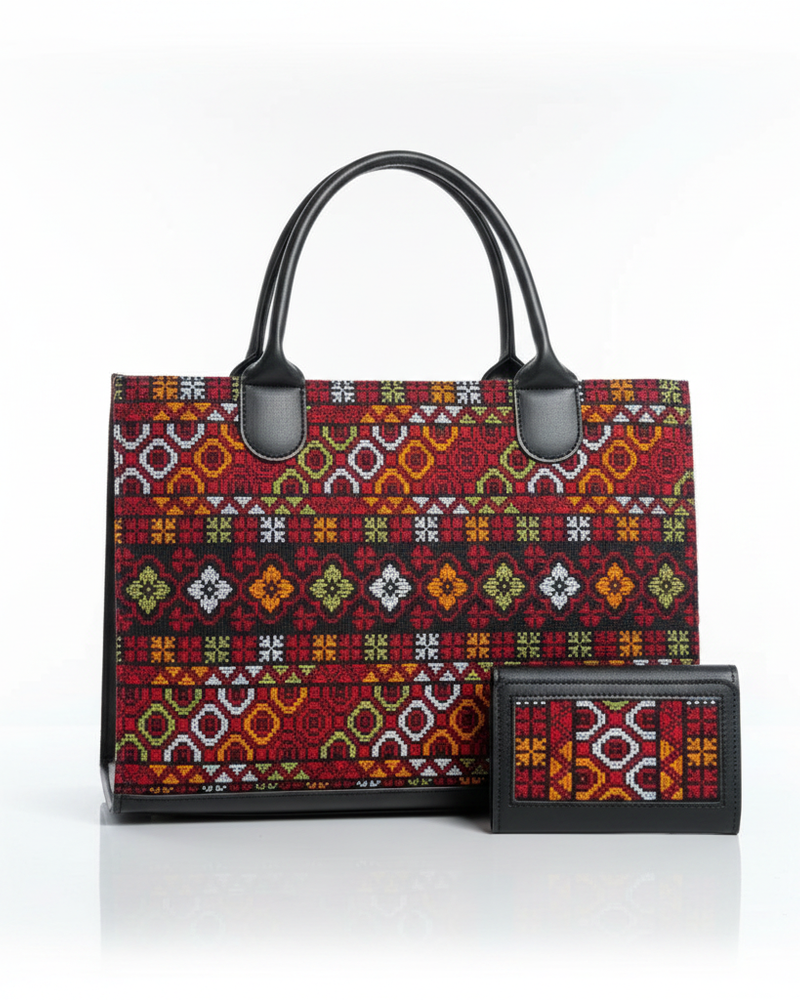 Village Feast – Red Tatreez Tote & Wallet Set