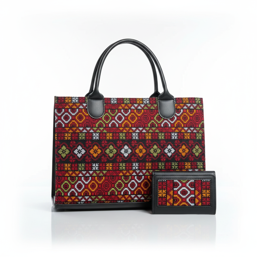 Village Feast – Red Tatreez Tote & Wallet Set
