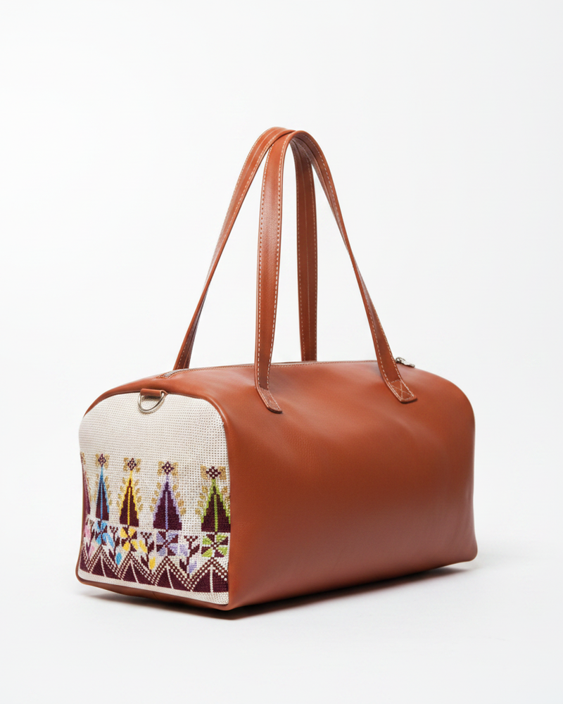 Cypress Road – Tan Leather Tatreez Duffle Bag