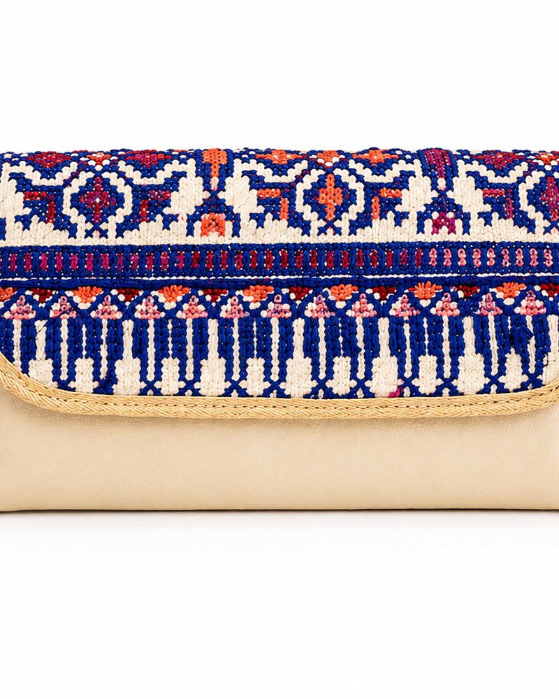 Tatreez Clutch – Navy & Straw Trim