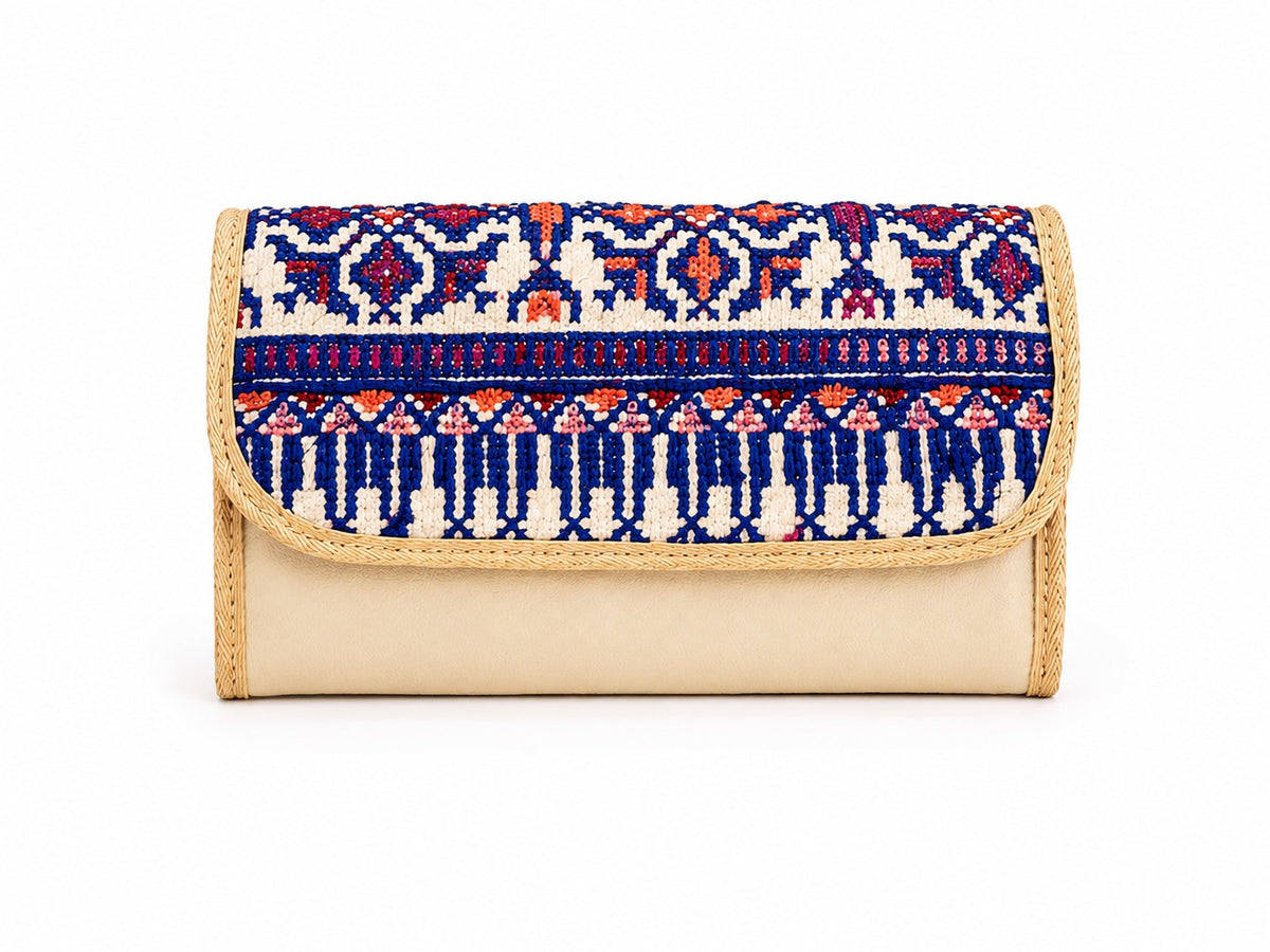 Tatreez Clutch – Navy & Straw Trim