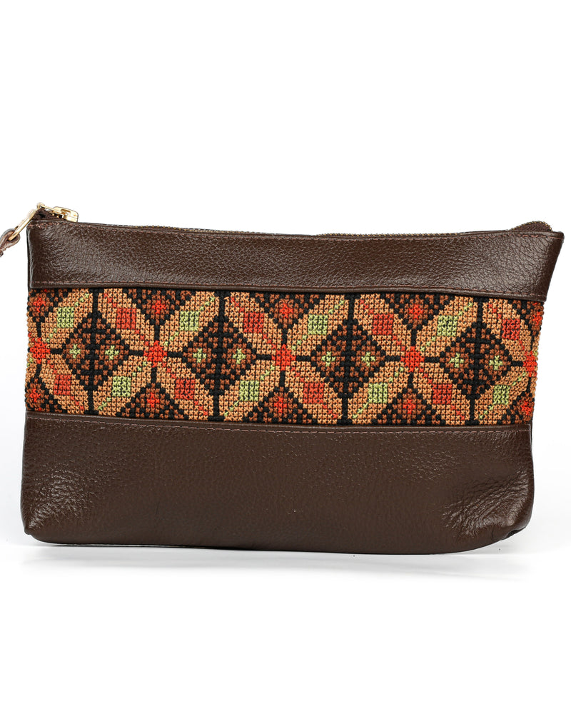 Embroidered Leather Clutch - Brown