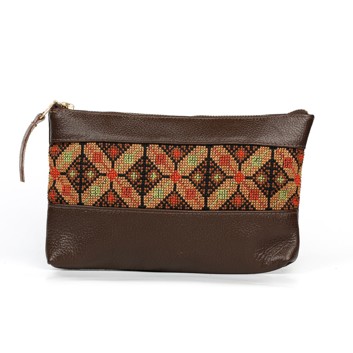 Embroidered Leather Clutch - Brown