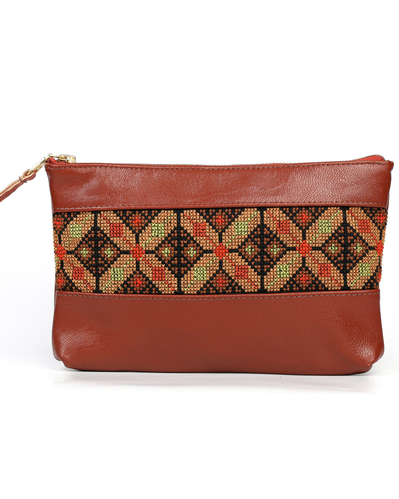 Embroidered Leather Clutch - Cognac