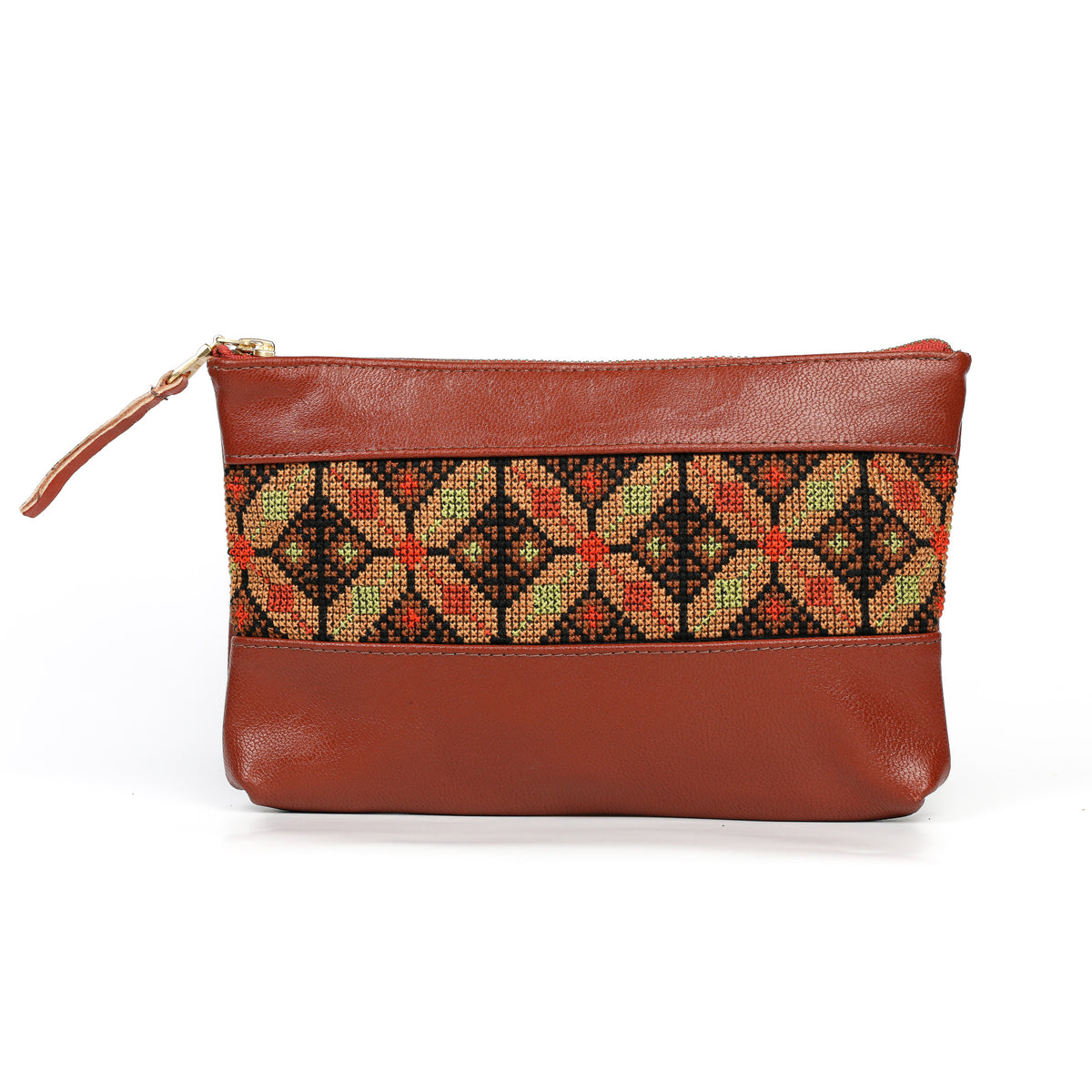 Embroidered Leather Clutch - Cognac