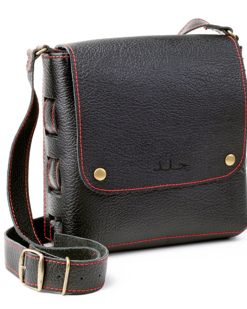 Leather Crossbody Bag - Black (Red Stitch)